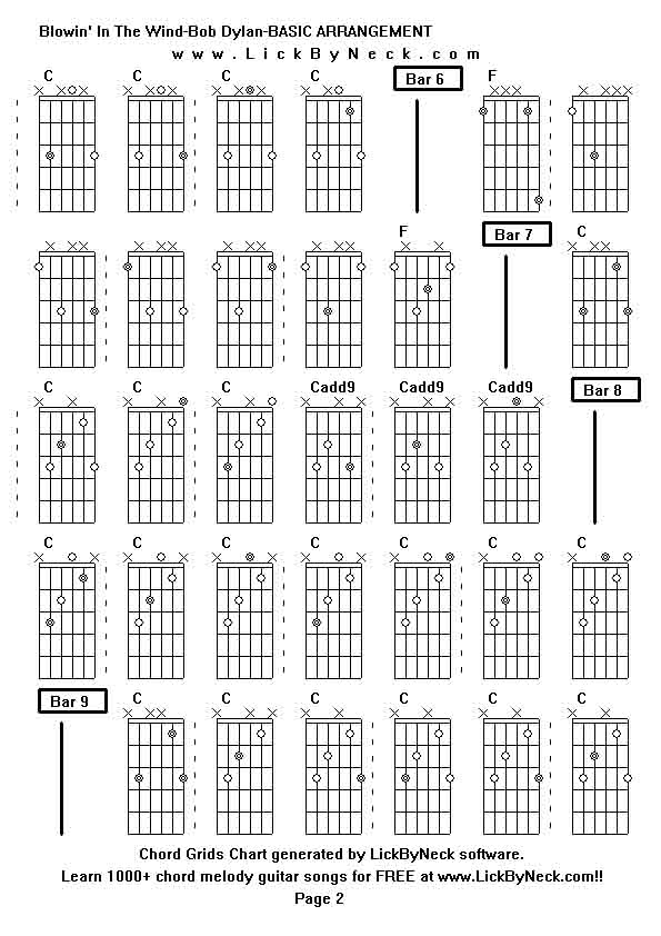 Chord Grids Chart of chord melody fingerstyle guitar song-Blowin' In The Wind-Bob Dylan-BASIC ARRANGEMENT,generated by LickByNeck software.